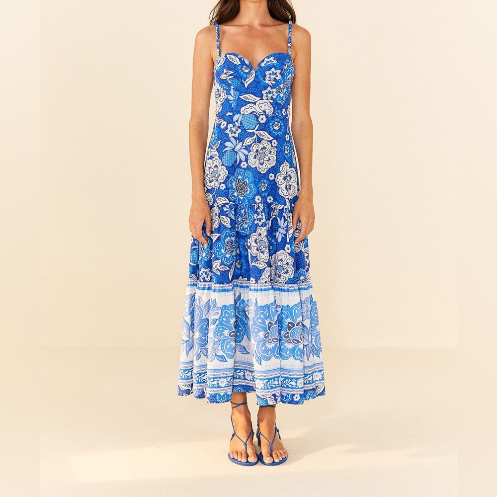 Farm Rio Blue Full Of Flowers Organic Cotton Midi Dress - Size XL